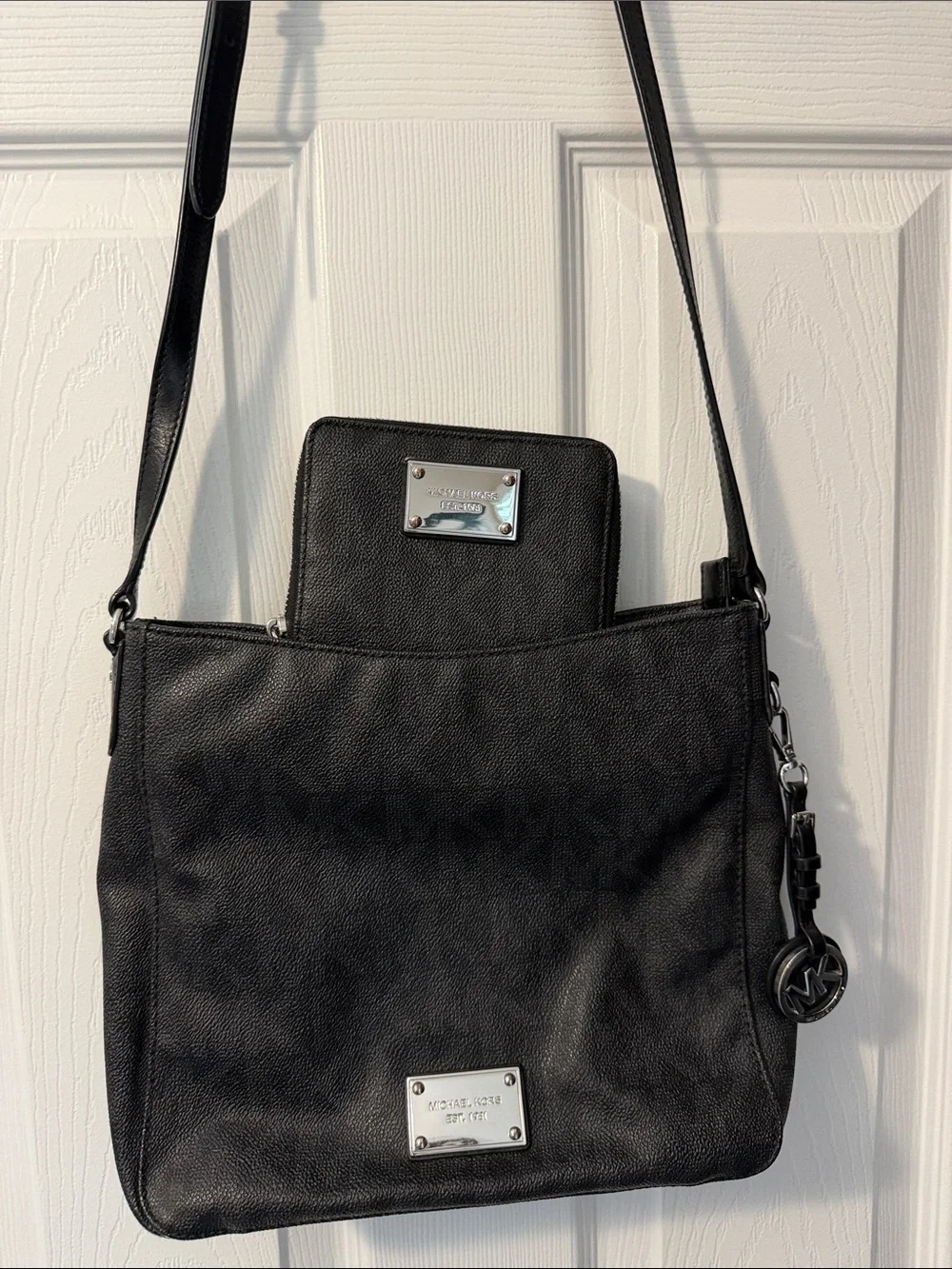 Michael Kors Black Leather Crossbody with Silver Plaques